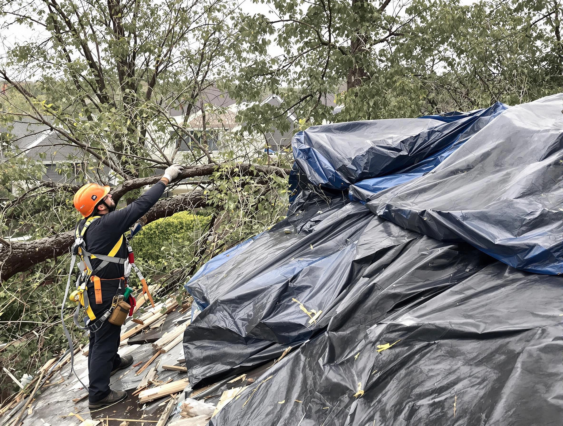 A tarped roof after storm damage repaired by Streetsboro Roofing Company in Streetsboro, OH