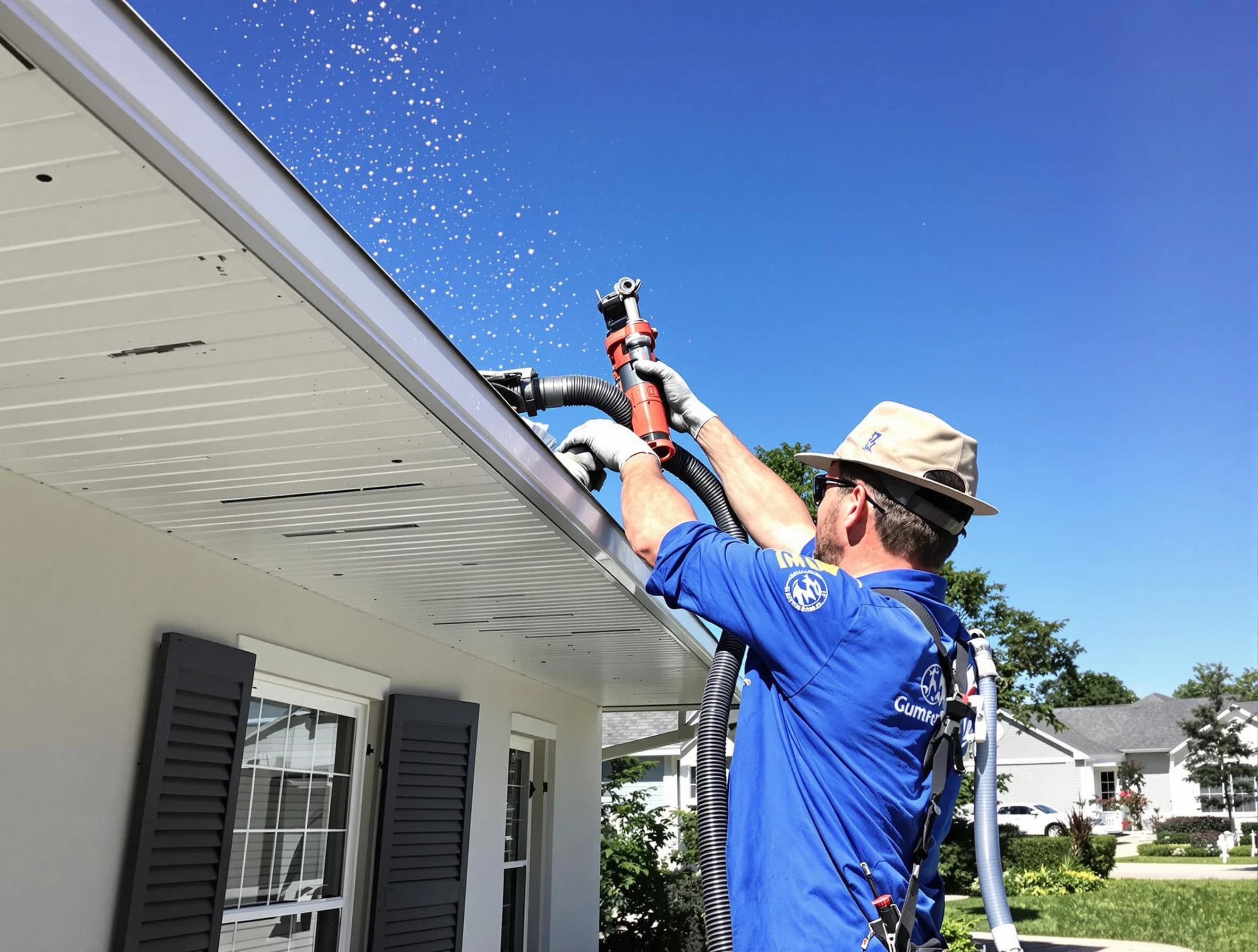 Technician completing a gutter cleaning project by Streetsboro Roofing Company in Streetsboro, OH