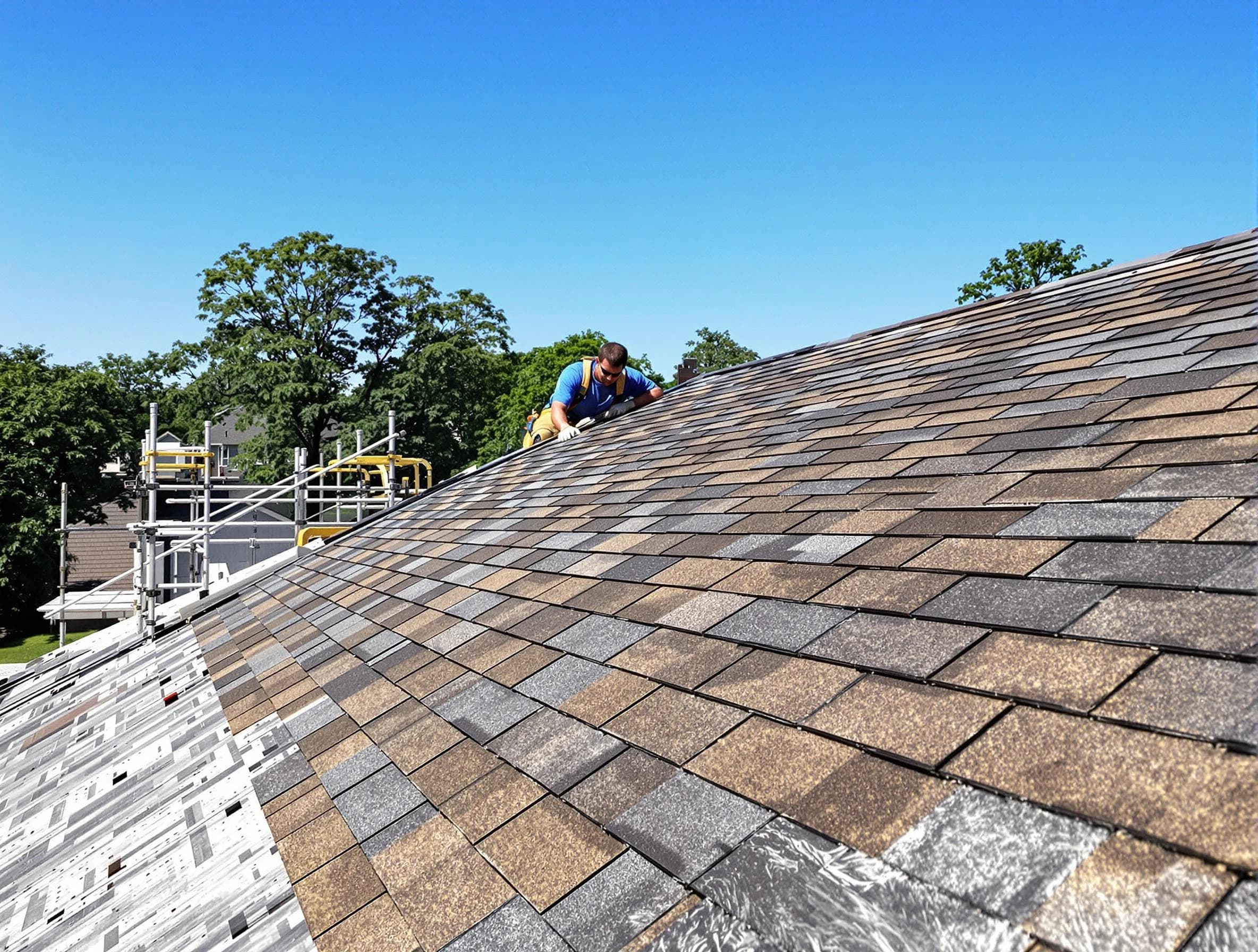 Close-up of new shingles installed by Streetsboro Roofing Company in Streetsboro, OH